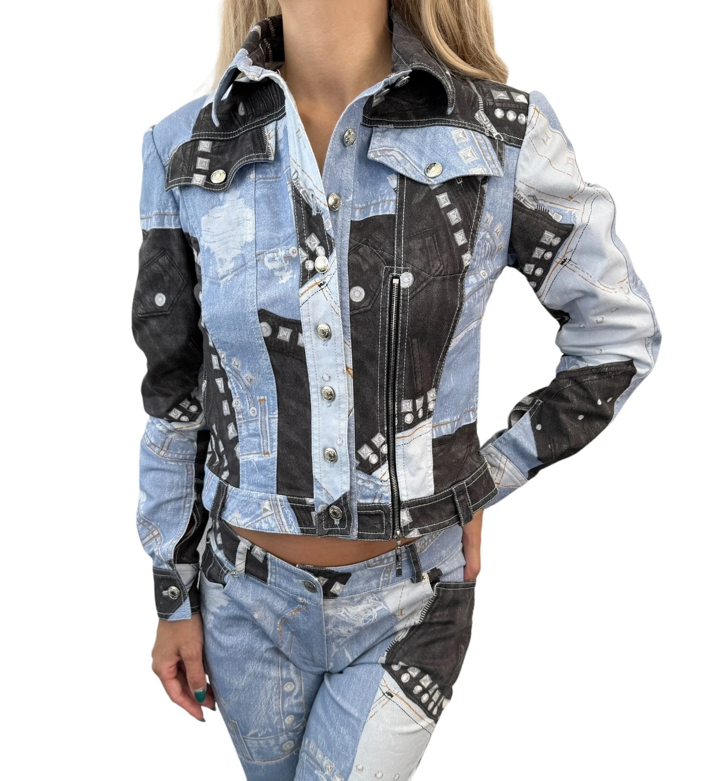 Set Pantaloni Giacca Vintage Christian Dior #38 #36 Denim Blu Nero Cotone RankAB