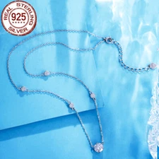 Solid 925 Sterling Silver Chain Link Round Drop Pendant Necklace CZ Top Jewelry