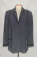 St John Black  Pale Blue Tweed Knit w/Black Satin Trim Button Blazer Jacket 14