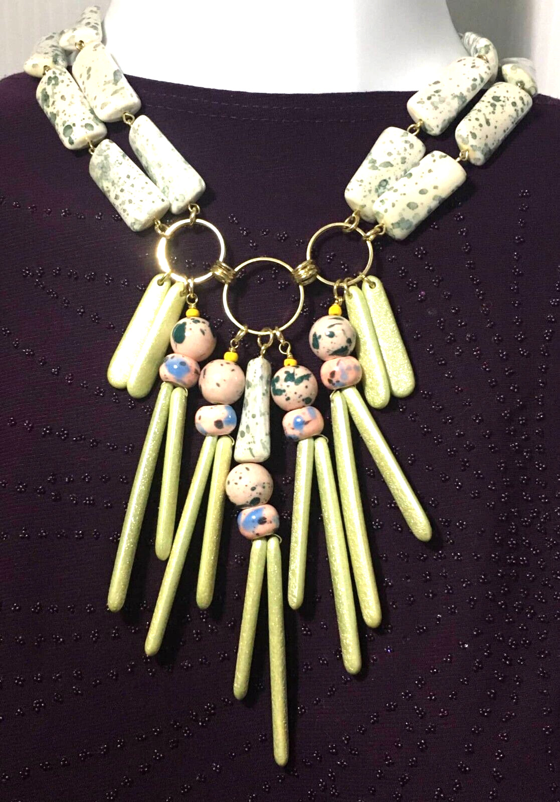 Statement Necklace Double Strand Light Green Pink… - image 1