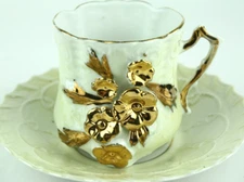 Footed Pearlescent Ivory Floral Teacup Saucer Gold Scalloped Iridescent Raised