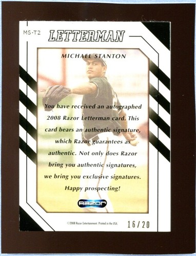 2008 Razor Letterman Giancarlo Mike Stanton Patch Auto /20 Rookie Card - Picture 2 of 2