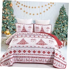 Christmas Tree Elk Quilt Set 3PCs Soft Microfiber King(90"x104") Red