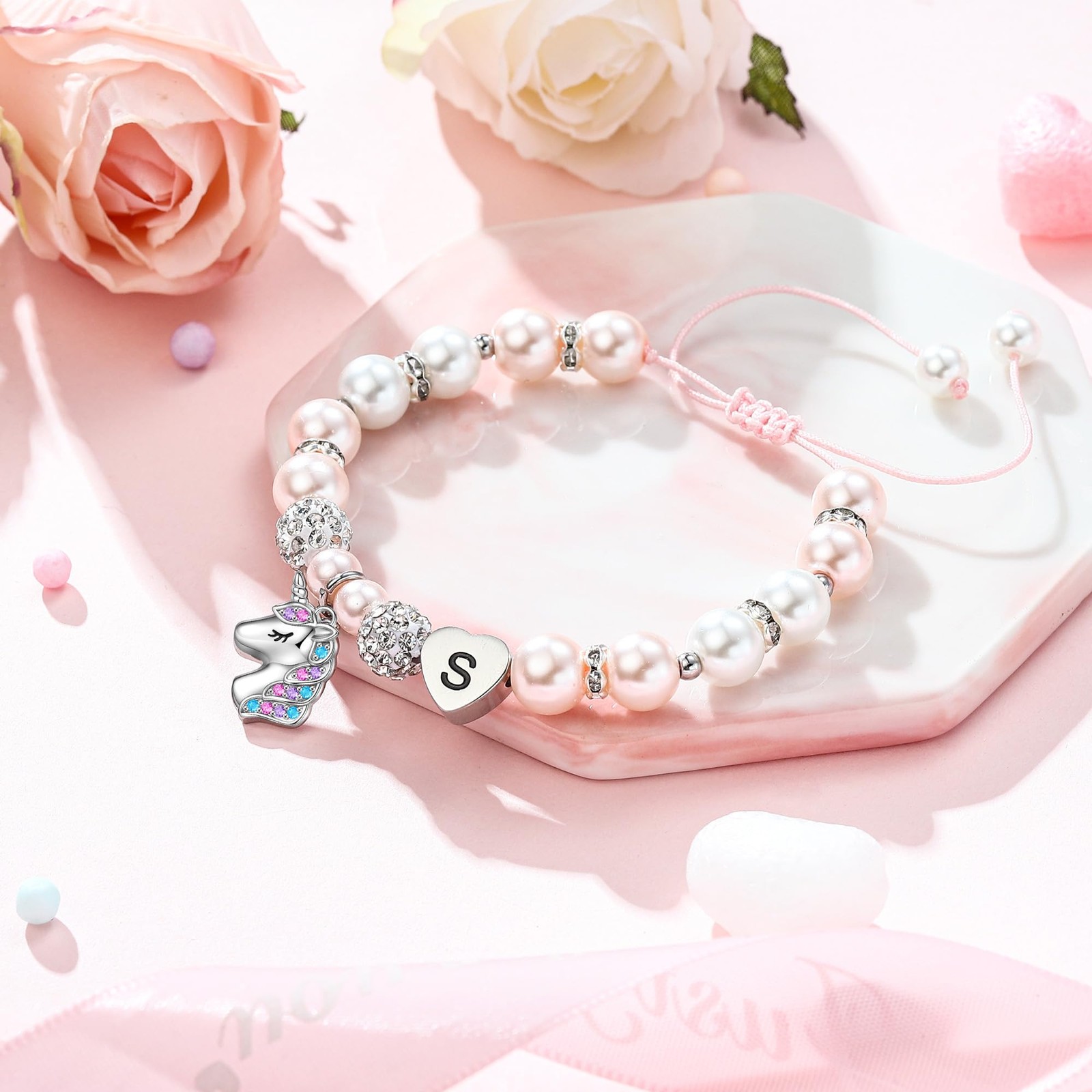 Hidepoo Unicorn Jewelry - Pink Pearl and Rhinestone Balls Heart Initial B Uni...