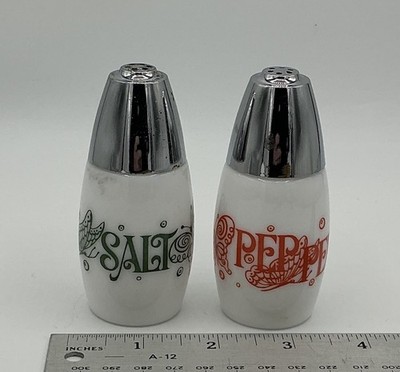 Vtg Westinghouse Gemco Green Salt & Orange Pepper Shakers Butterflies Chrome Top