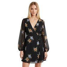 Urban Outfitters Women's Wrap Dress S Bleecker Black Floral Sheer Long Sleeve