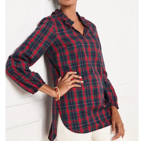 Blusa túnica a cuadros mágica cuello con volantes Talbots XL roja verde dorada azul nueva - Imagen 4 de 11