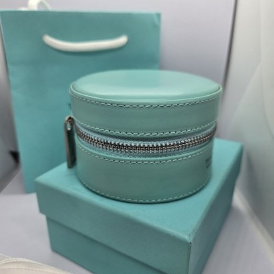 Tiffany & Co Round Jewelry Storage Case Leather Mini Box Made in