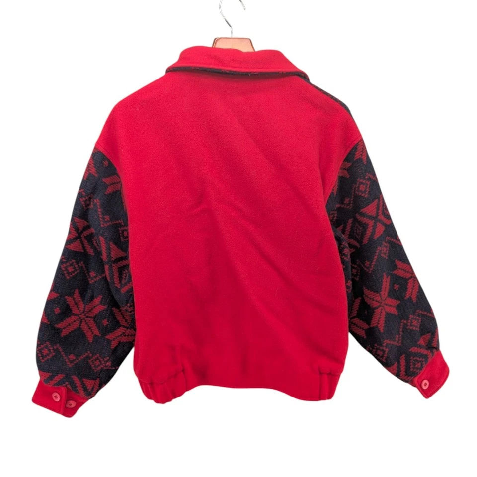 Chaqueta de bombardero de lana Woolrich de colección para mujer roja azul marino Fair Isle botón abrigo delantero talla M Foto 2 de 4