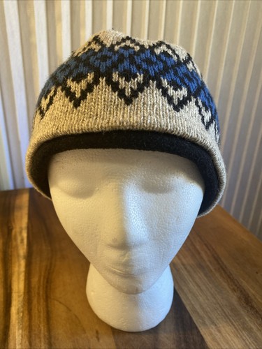 Beanie Hat Fair Isle Knit Wool Blend Gray Blue Black Geometric Fleece Lined USA - Picture 3 of 10