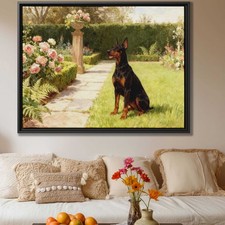 Oil Painting Doberman Dog Canvas Print Floral Dog Artwork Pet Decor Wall Art