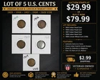 1905 1906 1907 1908 Indian Head Cents & 1909 VDB Lincoln Cent Lot of 5