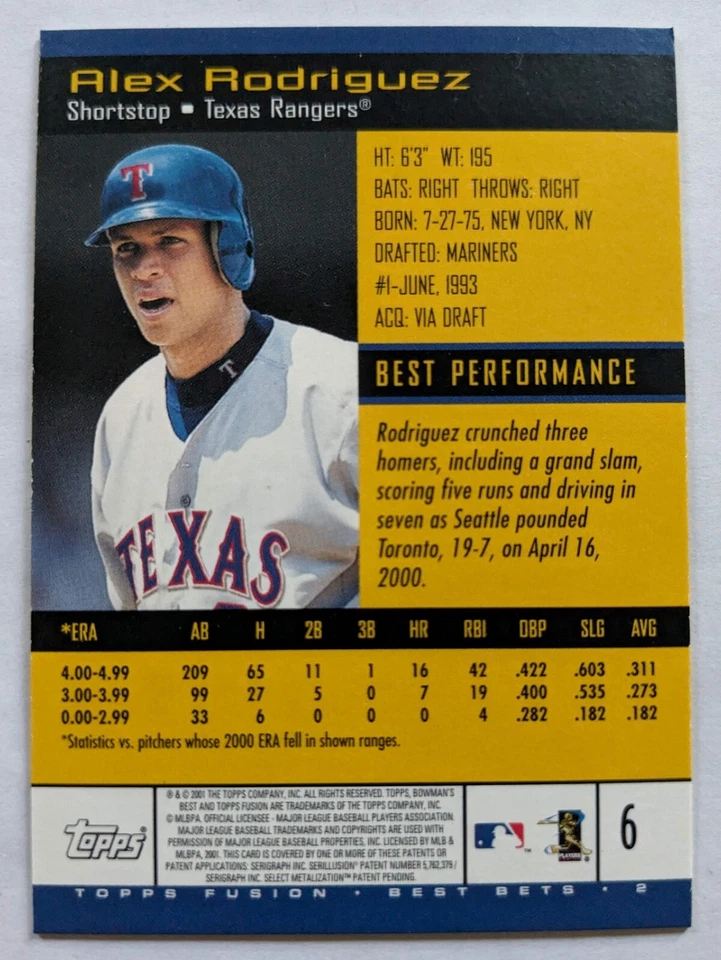 ALEX RODRIGUEZ, 2001 BOWMAN'S BEST, TOPPS FUSION BEST BETS #6, RANGERS - Image 3 of 3