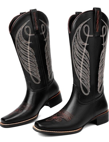 Women Cowgirl Boots Cowboy Boots Mid Calf Western LowChunky Heel Classic Em...