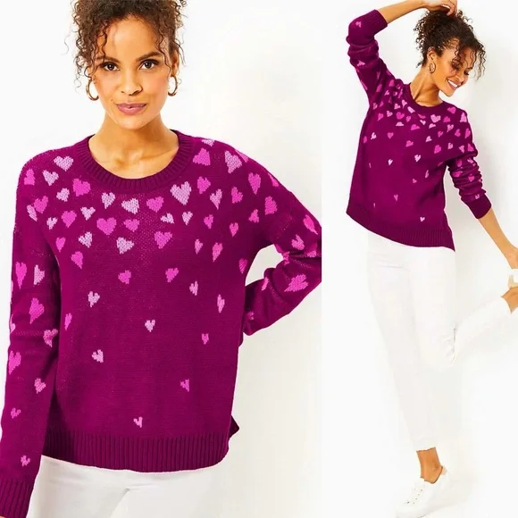 Lilly Pulitzer Elizabelle Sweater Mulberry Ombre Heart Jacquard #015104 Sz M NWT