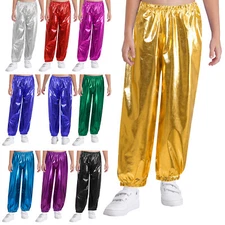 US Boys Girls Shiny Metallic Pants Hip Hop Streetwear Dance Performance Costume 