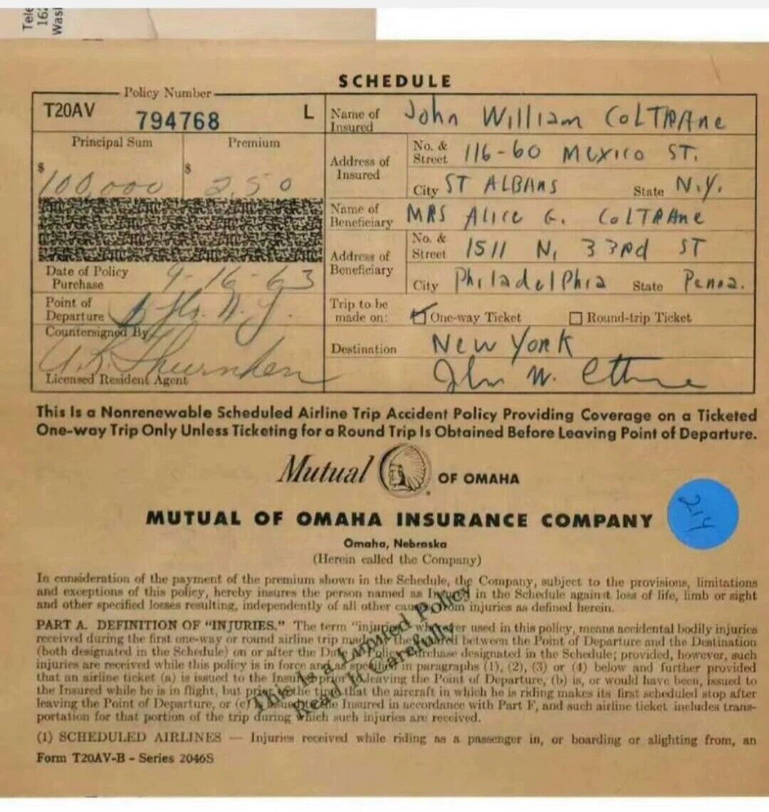 Urgent! Us Travel Warnings Issued: What You Need To Know 13 John Coltrane Signed Autographed Travel Accident Insurance 1963 Extremely Rare