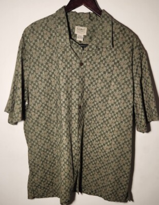 LL Bean Mens Button Up Geometric Green Short Sleeve Shirt Size XL-REG
