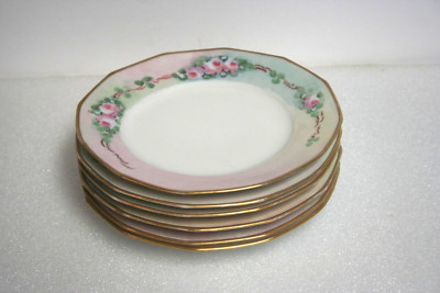 Antique Weimar Germany 7.5'' China Plate Set 6 Hand Paint Pink Roses Thorny Vines