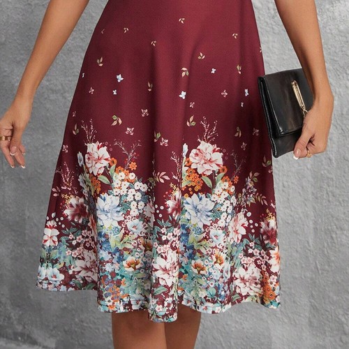 Damen Blumen A-Linie-Kleid Sommerkleid V-Neck Kurzarm Freizeitkleid Midikleid DE - Foto 14 di 23
