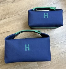 NEW HERMES Bride a Brac GM & PM Marine Blue Toile Canvas Cosmetic Pouch Set