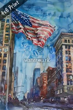 Patriotic cityscape with flag watercolor Art 4x6 Print