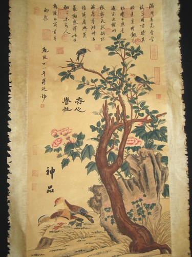 Antiguo rollo de pintura china sobre flores y pájaros papel de arroz de Jiang Tingxi - Imagen 1 de 11
