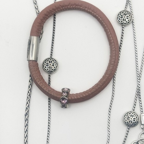 BRIGHTON Jewelry Lot 3 Piece Set Pink Bracelet Wood & Long Silver Necklaces - Picture 4 of 9