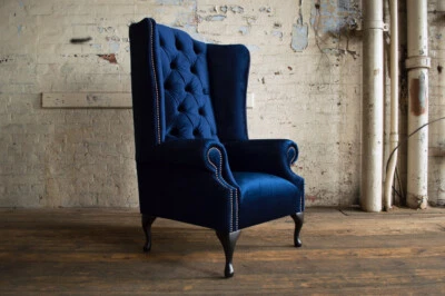 HANDMADE SOFT PLUSH NAVY BLUE VELVET FABRIC CHESTERFIELD WING CHAIR, HIGH BACK