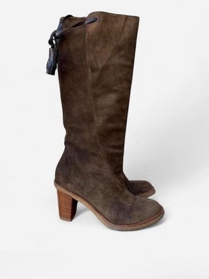 Vintage 80s Olive Green Suede Knee High Boots with Tassel Detail