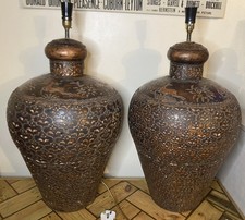 Pair Of Large Vintage Tibetan Copper Tin Coated Vessel Table Lamps Floral Design