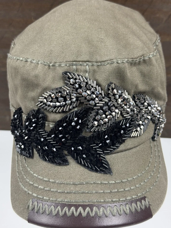 Olive & Pique Bling Beaded Leather Tip Women’s Olive/Khaki Adjustable Hat - Image 2 of 4