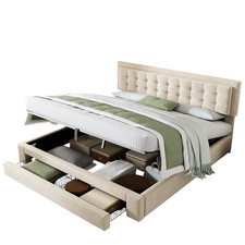 Ottoman Storage Gas Lift Bed Upholstered 5 ft King Bed Frame with Drawer Cream
