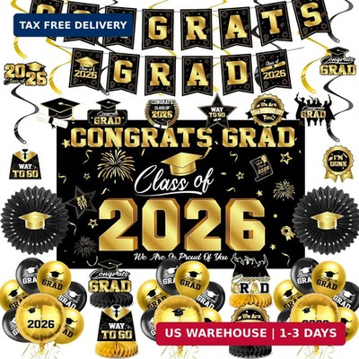 Graduation Decorations 2026-Black and Gold Graduation Party Decorations Supplies