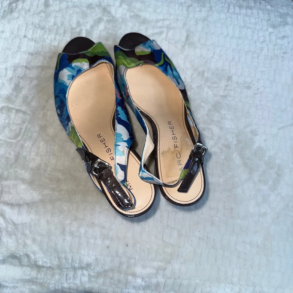 Sandalias de cuña florales Marc Fisher punta abierta tacón de corcho para mujer talla 7M de EE. UU. Foto 3 de 4