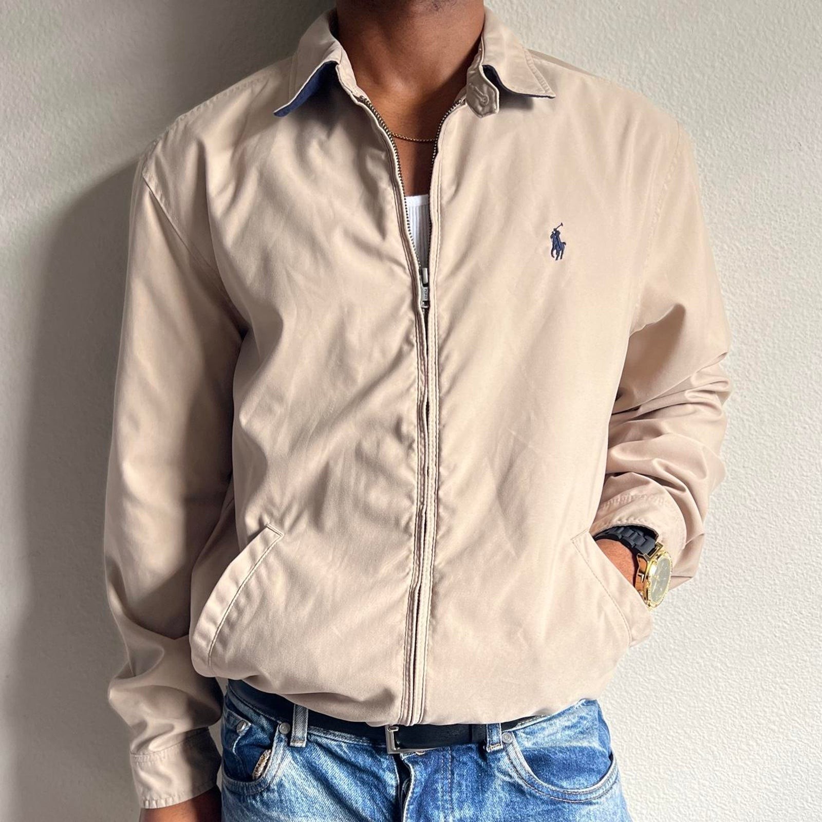 Vintage 90s Polo Ralph Lauren tan plaid lined Y2K Harrington full zip up jacket