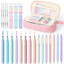 Pencil Case with Supplies, 35PCS Aesthetic Stationery Set with Pink 35 Pack