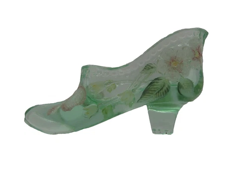 Fenton Glass Green Signed Peyton Hand Painted Shoe Pink Flowers And Bow #9591