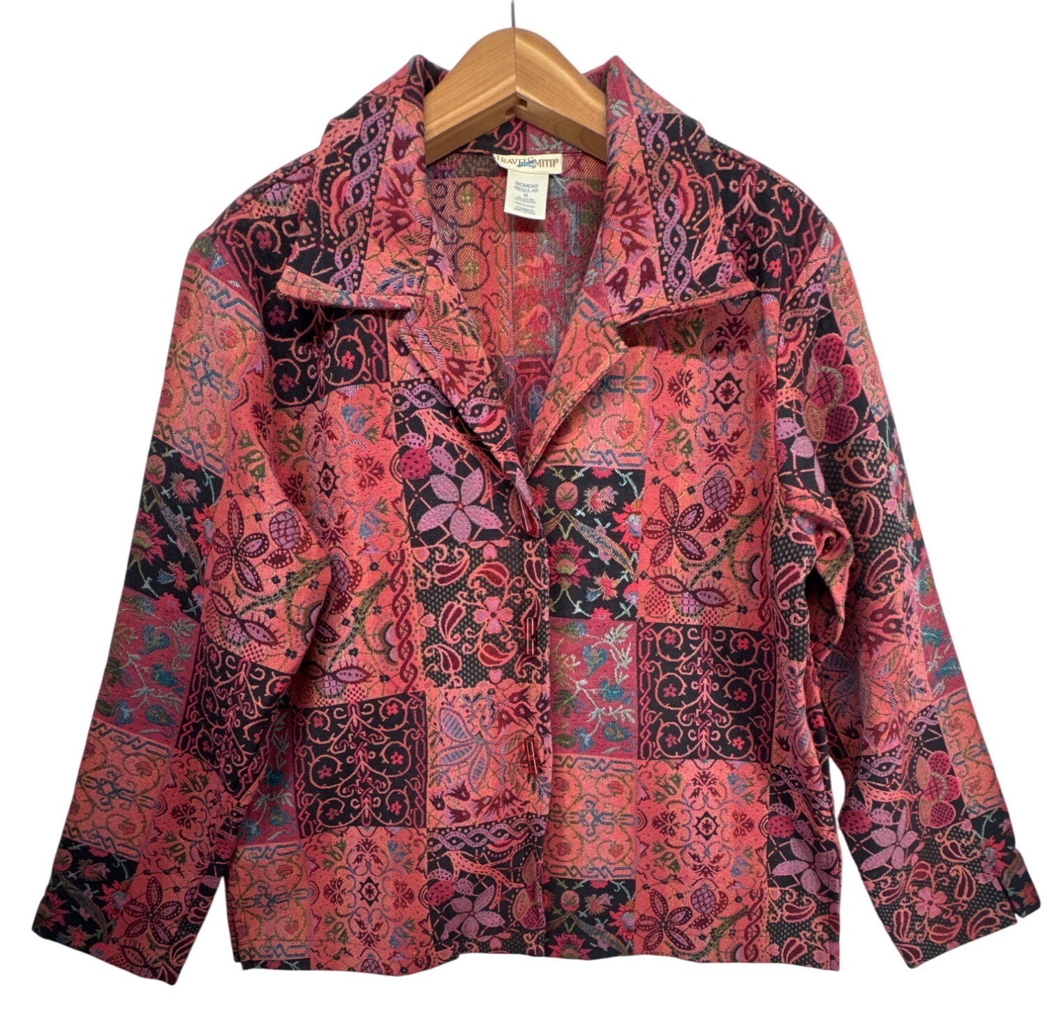 Vintage TravelSmith Womens Coral Red Tapestry Boho Floral Blazer Jacket Size M