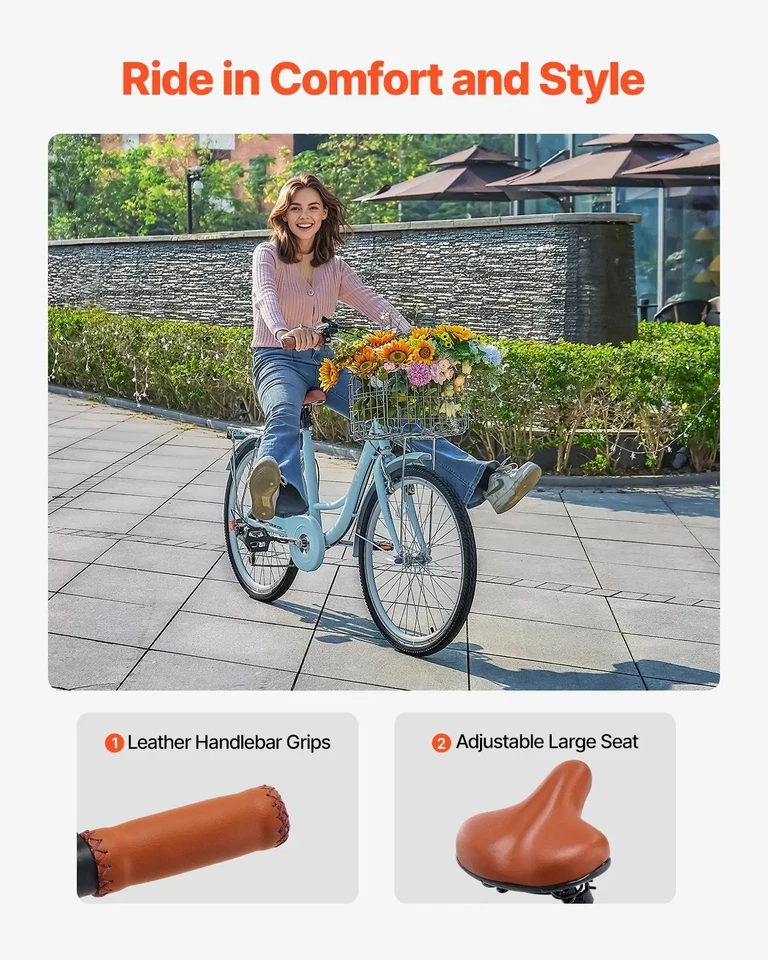 Круизер велосипед, 7-скоростной, 26-дюймовый светло-синий пляжный круизер велосипед с большой емкостью - Изображение 2 из 2