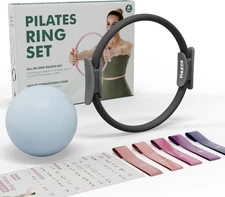 Pilates Ring Set – 14” Magic Circle (38 Lbs Resistance), 9.8” Pilates Ball, 5 Re