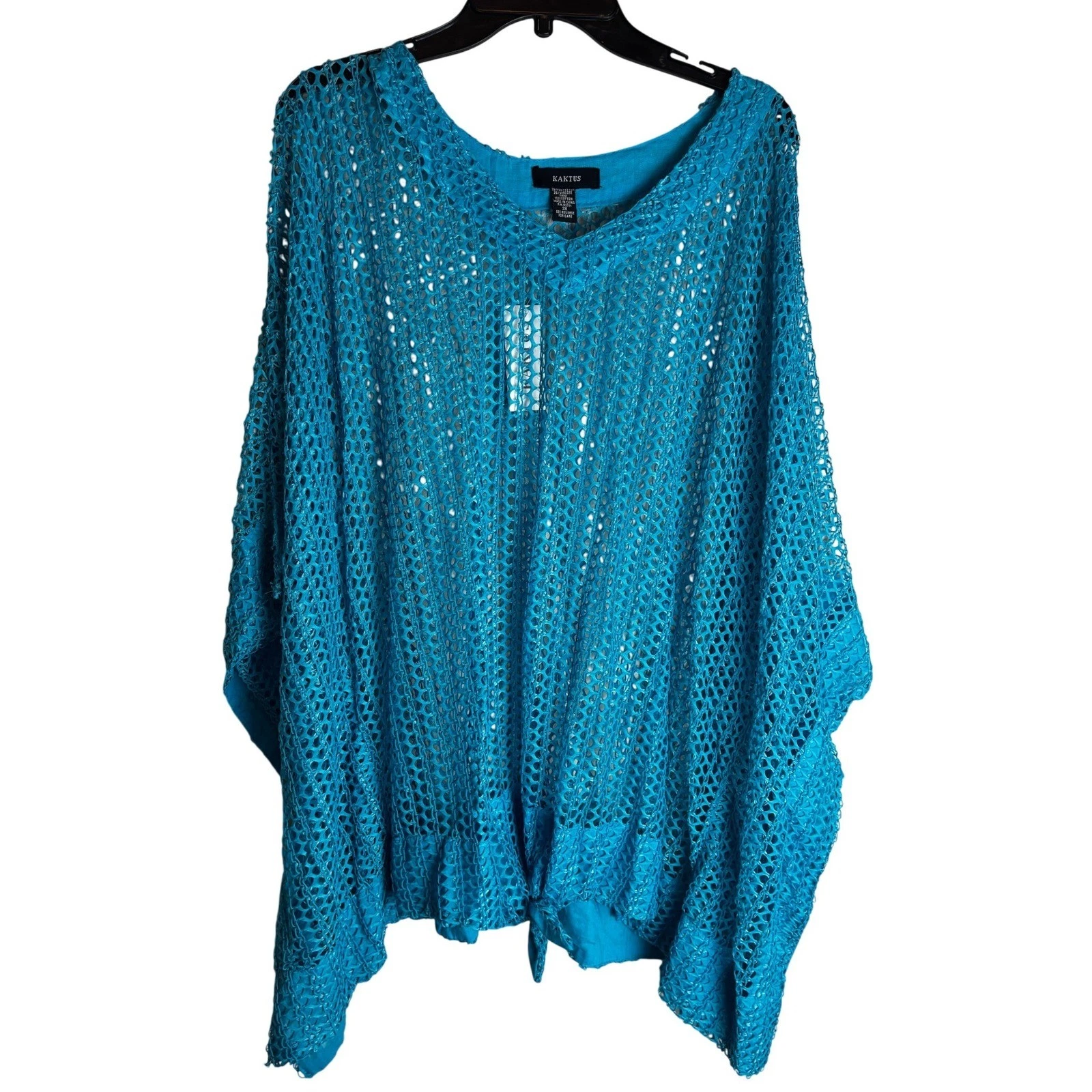 Kaktus Turquoise Blue Crochet Knit Kaftan Poncho Top Plus Size 3X NWT