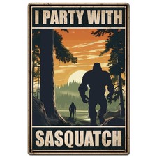 Funny Metal Tin Signs Camping Big-foot I Party with Sasquatch Signs Retro Metal