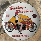 VINTAGE 1953 HARLEY DAVIDSON MOTORCYCLES 12 INCH CONVEX PORCELAIN ENAMEL SIGN