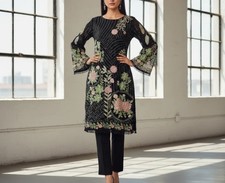 Black Embroidered Georgette Kurti Sequin Zari Party Wear Shirt Size XL