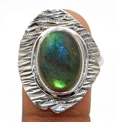 Natural Fire Labradorite -Madagascar 925 Sterling Silver Ring Sz 8.5  