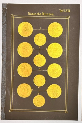 1856 Antique relief print: Denmark gold coins, rare numismatic history LXIII
