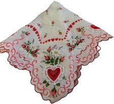 Valentine Hanky Scalloped Edging Red White Hearts Roses Daisies Bows 13in Sq Vtg