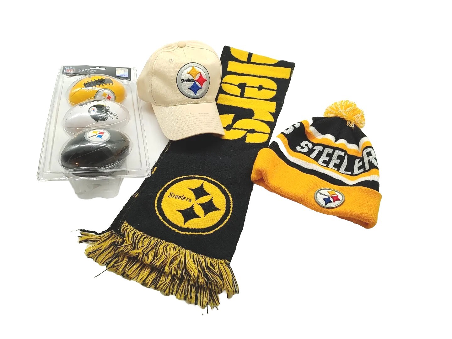 Pittsburgh Steelers Scarf On Field Cap Mini Footballs Beanie Pom Hat