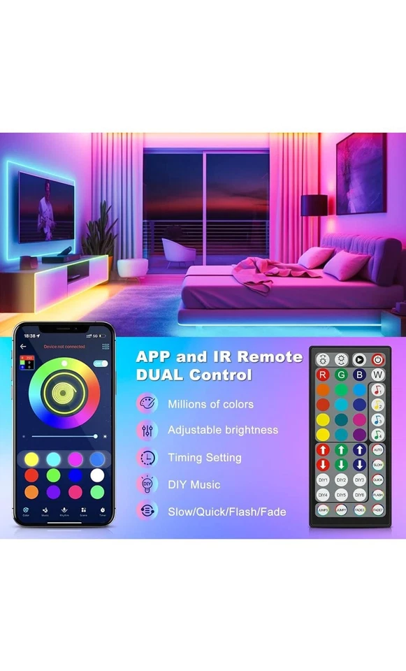 Striscia LED 15 Metri, Bluetooth RGB Smart 5M Con Telecomando, Controllo Con App - Immagine 3 di 4